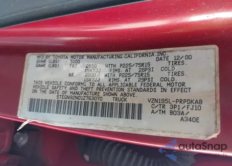 2001 Toyota Tacoma Prerunner V6 from USA, damaged, VIN 5TEGN92N01Z763070